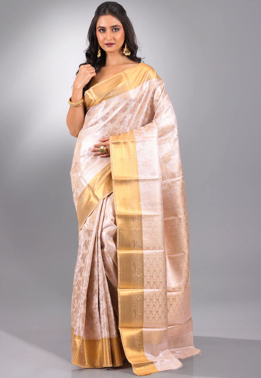 Beige Brocade with Golden Border  Tissue Kanjivaram  Silk Saree With Blouse Piece - Adi Akshoy & Co.