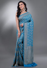 Turquoise Blue with Zari work Khaddi Georgette Benarasi Saree with Blouse Piece - Adi Akshoy & Co.