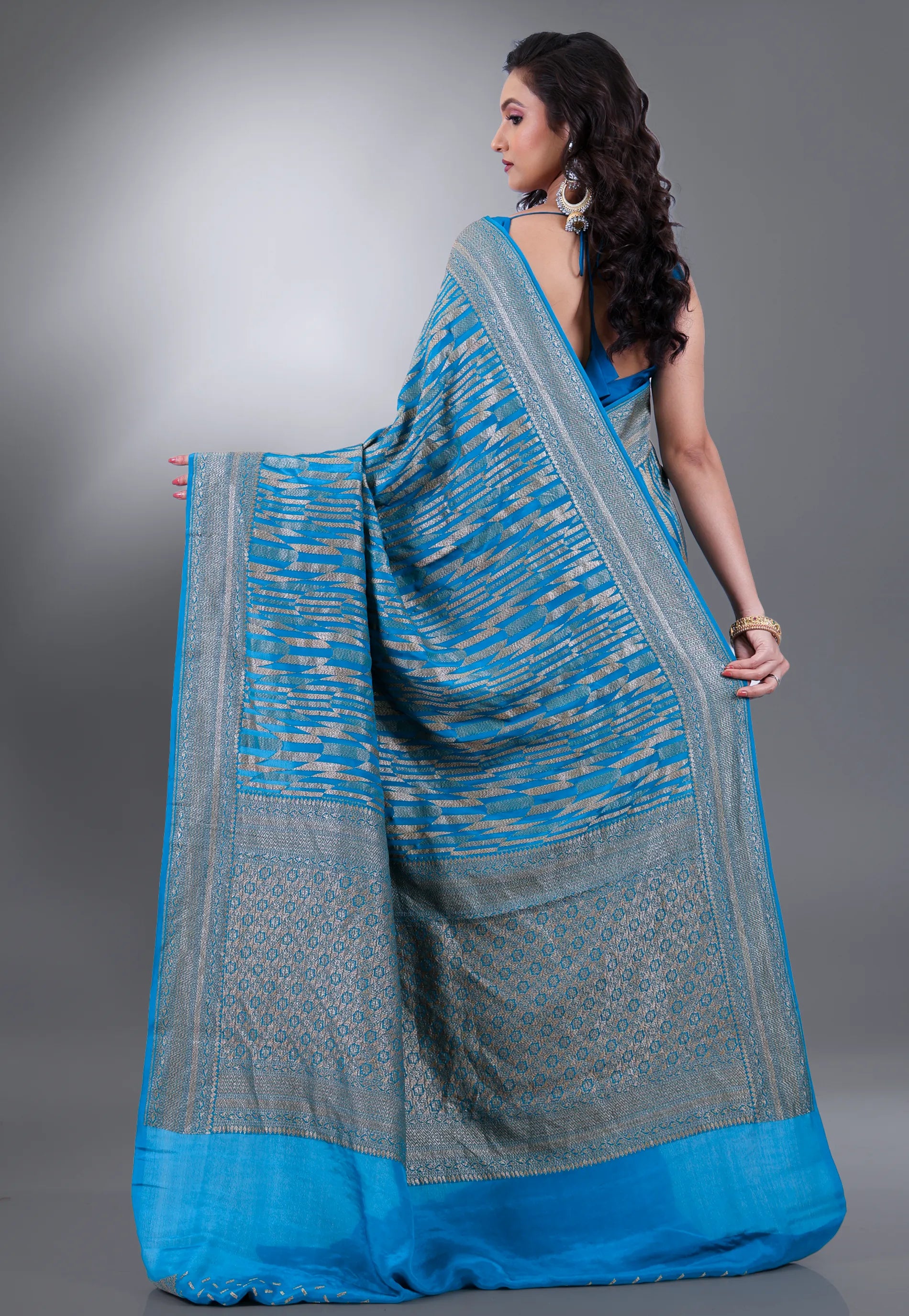 Turquoise Blue with Zari work Khaddi Georgette Benarasi Saree with Blouse Piece - Adi Akshoy & Co.
