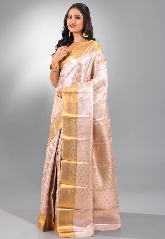 Beige Brocade with Golden Border  Tissue Kanjivaram  Silk Saree With Blouse Piece - Adi Akshoy & Co.