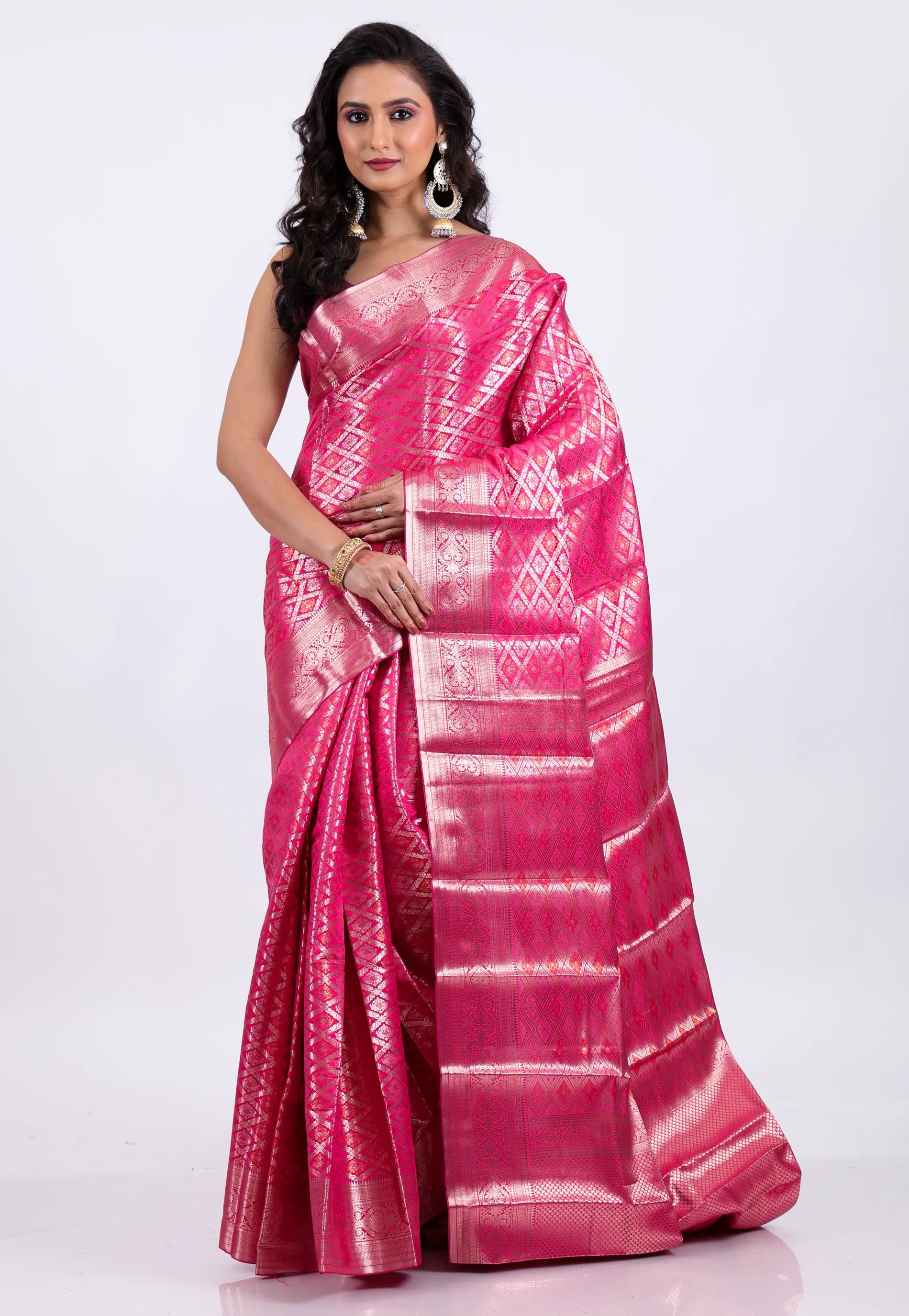 Rani Pink with Zari work Kanjivaram Silk Saree With Blouse Piece - Adi Akshoy & Co.