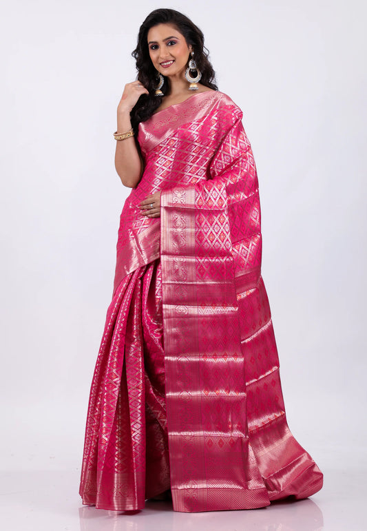 Rani Pink with Zari work Kanjivaram Silk Saree With Blouse Piece - Adi Akshoy & Co.