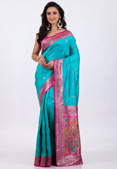 Rama Green with Rani Border Kanjivaram Silk Saree With Blouse Piece - Adi Akshoy & Co.