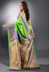 Parrot Green with Golden Border Pure Gadwal Silk Saree With Blouse Piece - Adi Akshoy & Co.