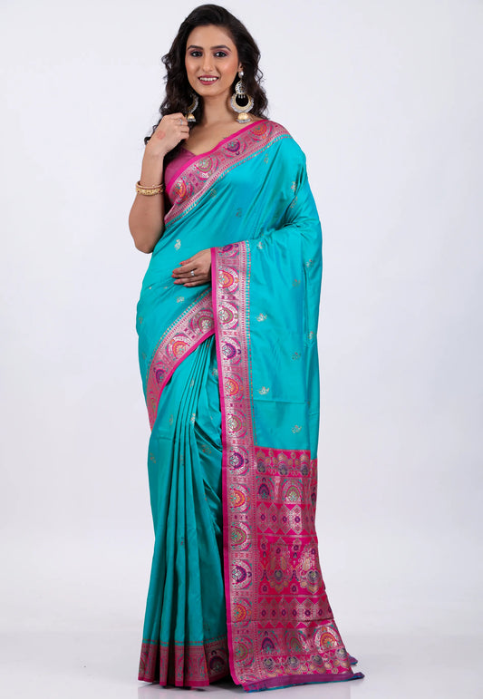 Rama Green with Rani Border Kanjivaram Silk Saree With Blouse Piece - Adi Akshoy & Co.
