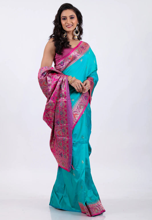 Rama Green with Rani Border Kanjivaram Silk Saree With Blouse Piece - Adi Akshoy & Co.