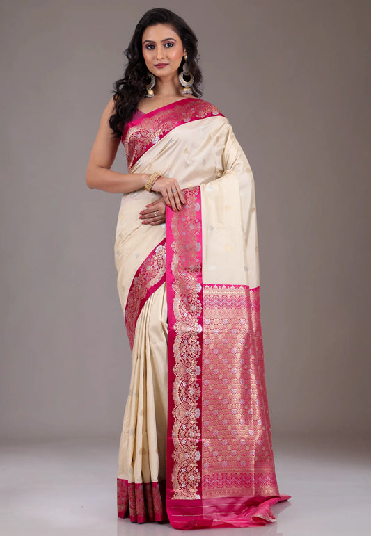 Beige with Rani Border Kanjivaram Silk Saree With Blouse Piece - Adi Akshoy & Co.