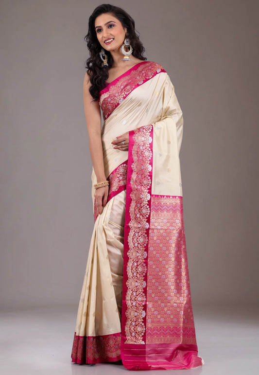 Beige with Rani Border Kanjivaram Silk Saree With Blouse Piece - Adi Akshoy & Co.