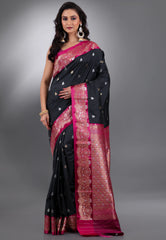Black with Rani Border Kanjivaram Silk Saree With Blouse Piece - Adi Akshoy & Co.