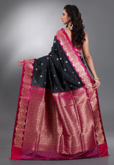 Black with Rani Border Kanjivaram Silk Saree With Blouse Piece - Adi Akshoy & Co.