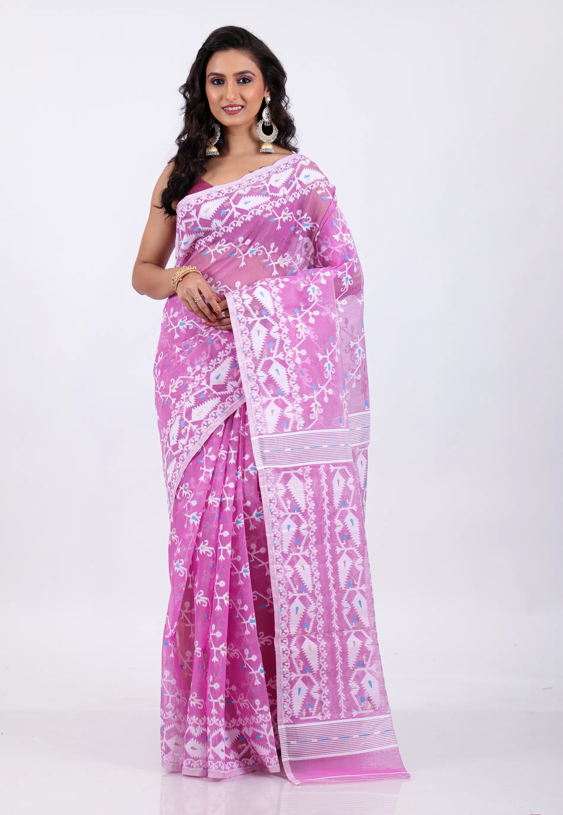 Pink Dhakai Jamdani Cotton Saree without Blouse Piece - Adi Akshoy & Co.