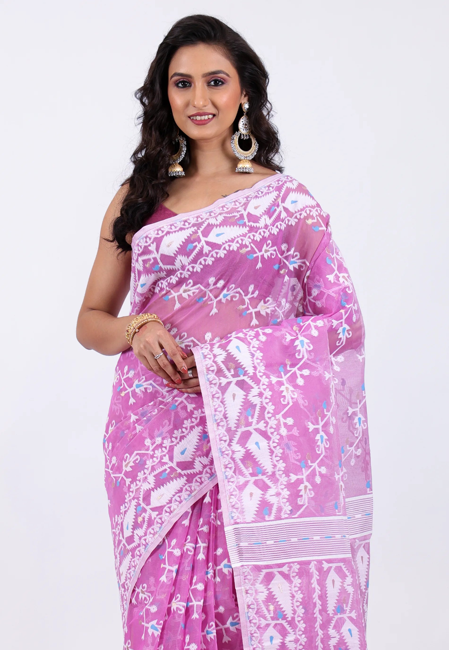Pink Dhakai Jamdani Cotton Saree without Blouse Piece - Adi Akshoy & Co.