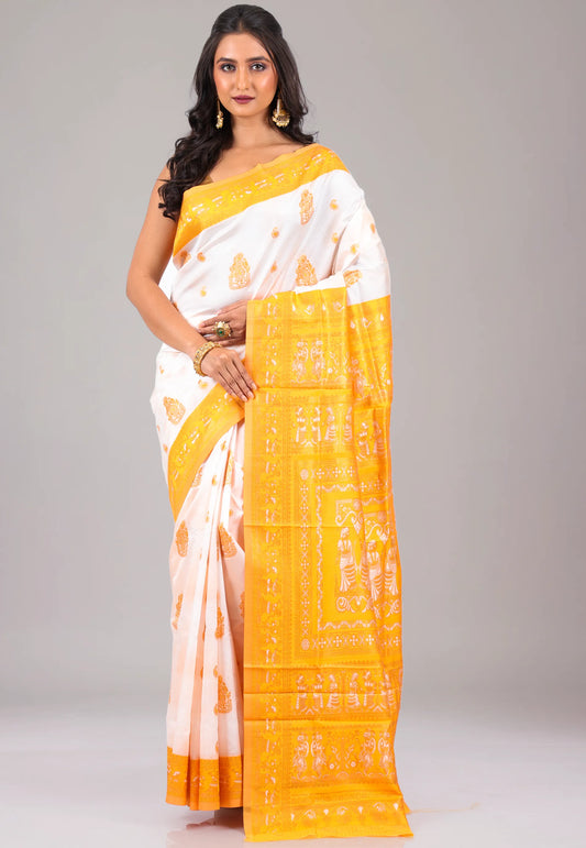 White with Yellow Border Baluchari Silk Saree with Blouse Piece - Adi Akshoy & Co.