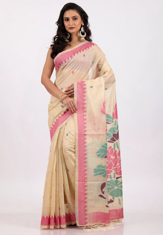 Beige with Rani Border Tussar Silk Saree with Blouse Piece - Adi Akshoy & Co.