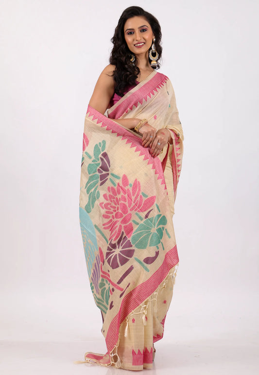 Beige with Rani Border Tussar Silk Saree with Blouse Piece - Adi Akshoy & Co.
