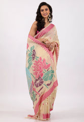 Beige with Rani Border Tussar Silk Saree with Blouse Piece - Adi Akshoy & Co.