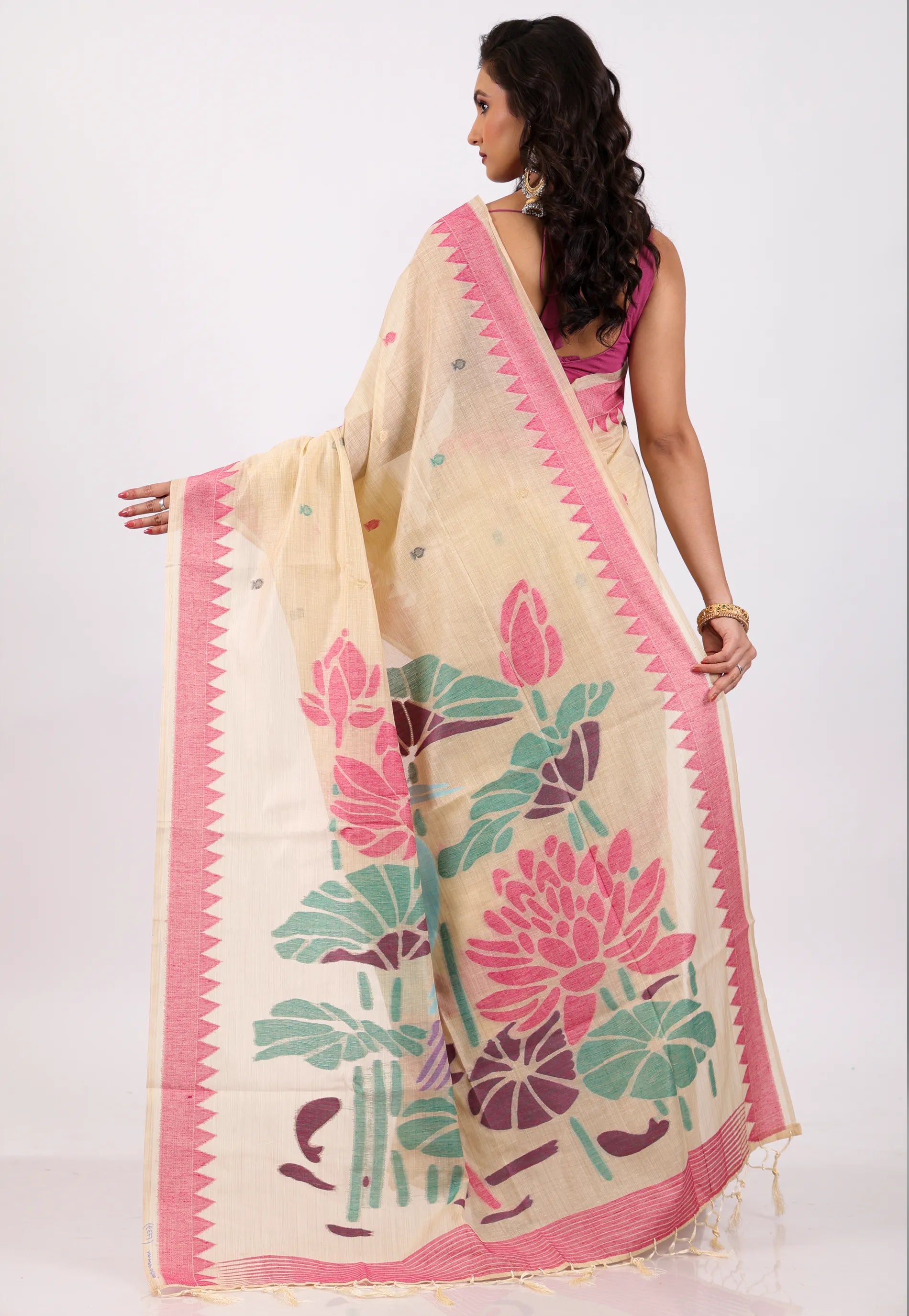 Beige with Rani Border Tussar Silk Saree with Blouse Piece - Adi Akshoy & Co.