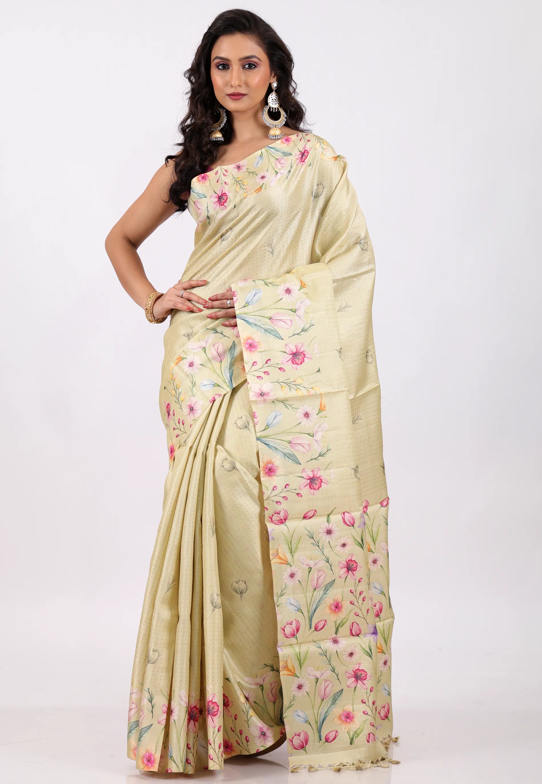 Floral Cream Color Pure Tussar Silk Saree with Blouse Piece - Adi Akshoy & Co.