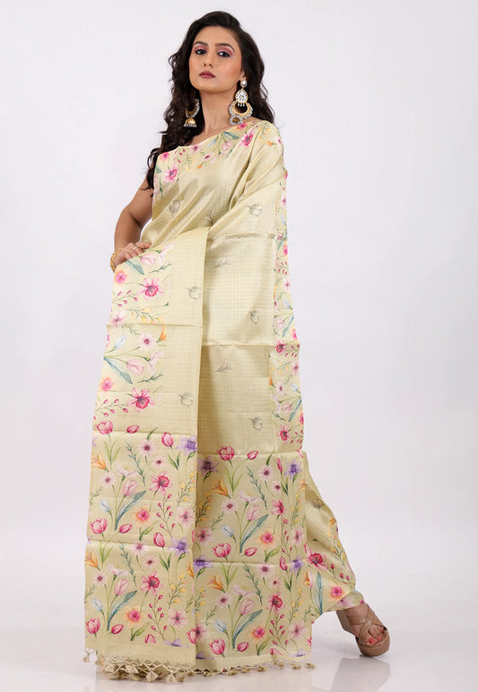 Floral Cream Color Pure Tussar Silk Saree with Blouse Piece - Adi Akshoy & Co.