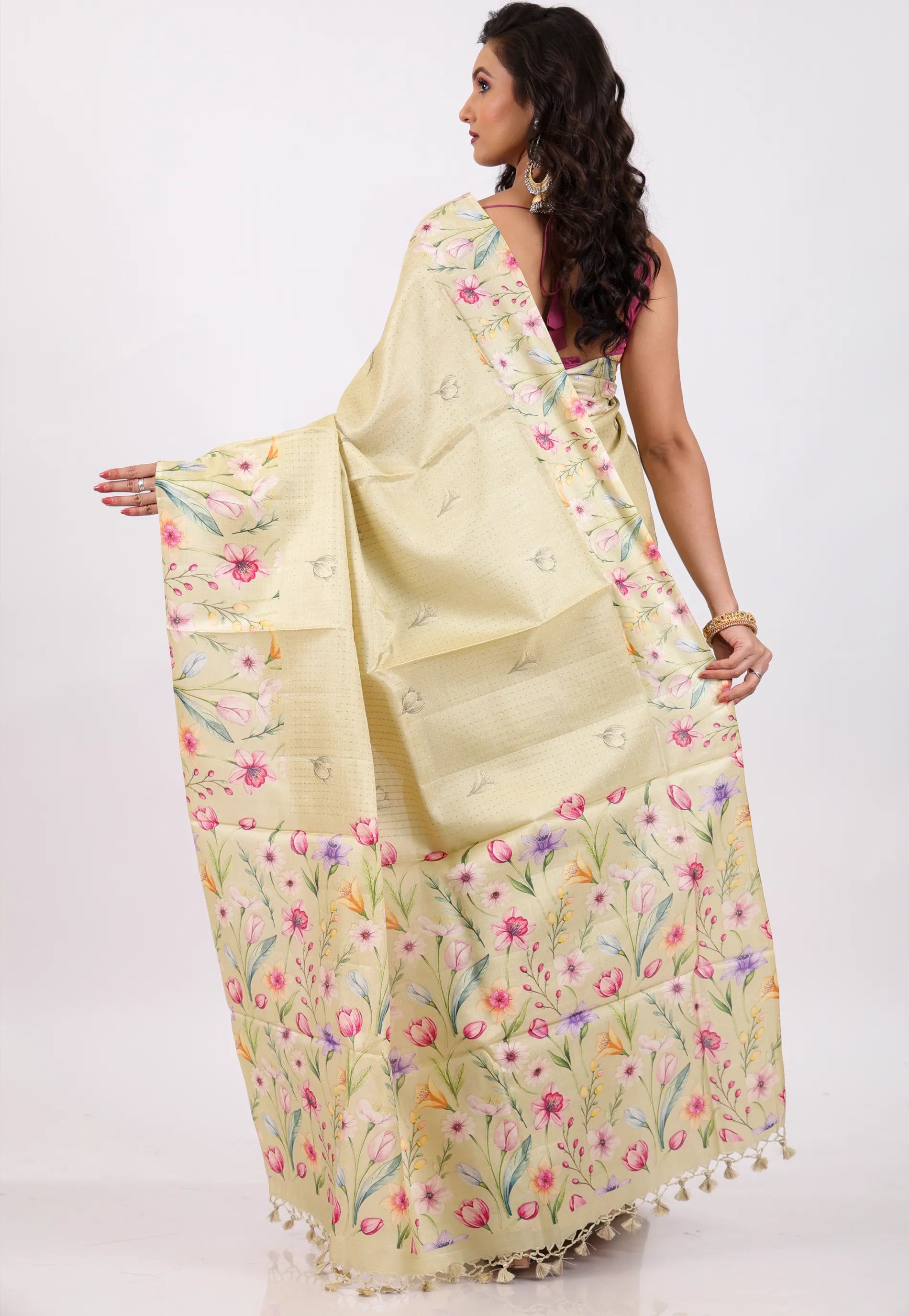 Floral Cream Color Pure Tussar Silk Saree with Blouse Piece - Adi Akshoy & Co.