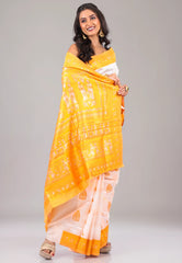 White with Yellow Border Baluchari Silk Saree with Blouse Piece - Adi Akshoy & Co.