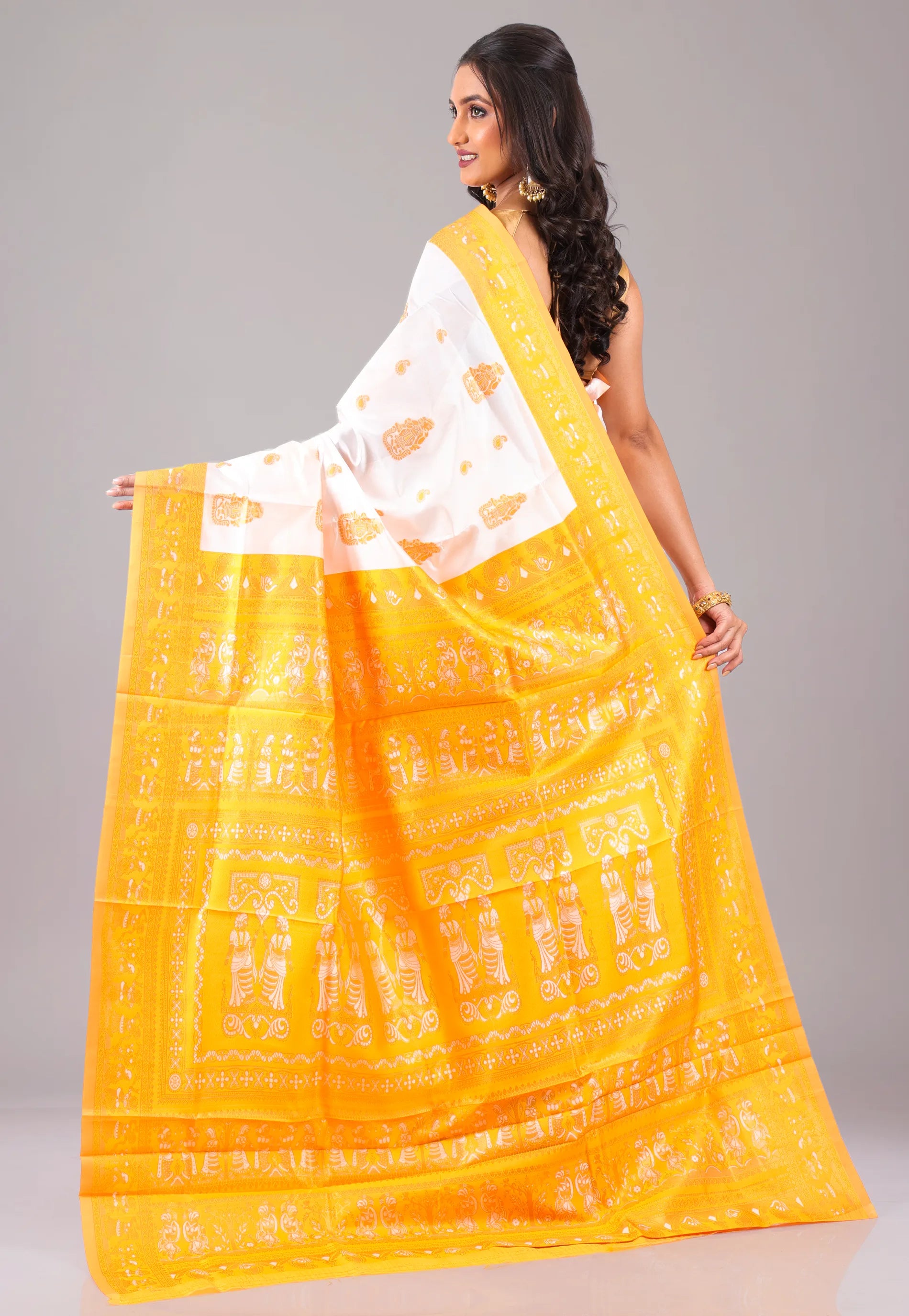 White with Yellow Border Baluchari Silk Saree with Blouse Piece - Adi Akshoy & Co.