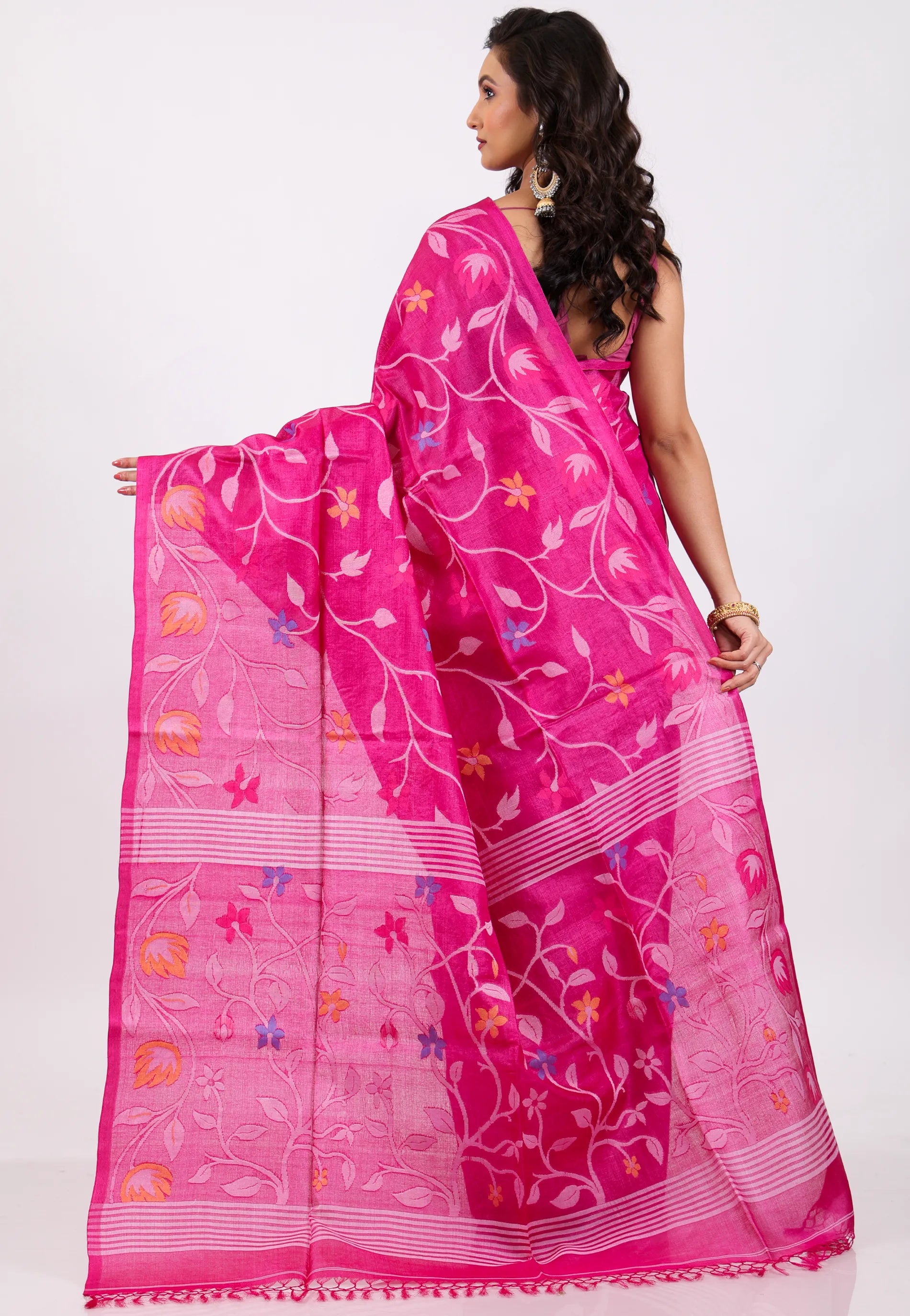 Floral Rani Pure Tussar Dhakai Jamdani Saree with Blouse Piece - Adi Akshoy & Co.