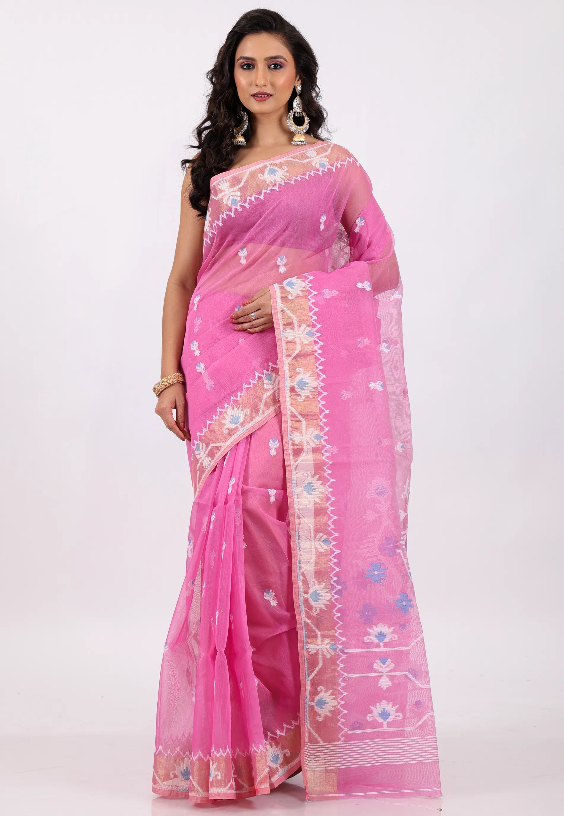 Pink Dhakai Jamdani Cotton Saree without Blouse Piece - Adi Akshoy & Co.