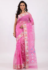 Pink Dhakai Jamdani Cotton Saree without Blouse Piece - Adi Akshoy & Co.