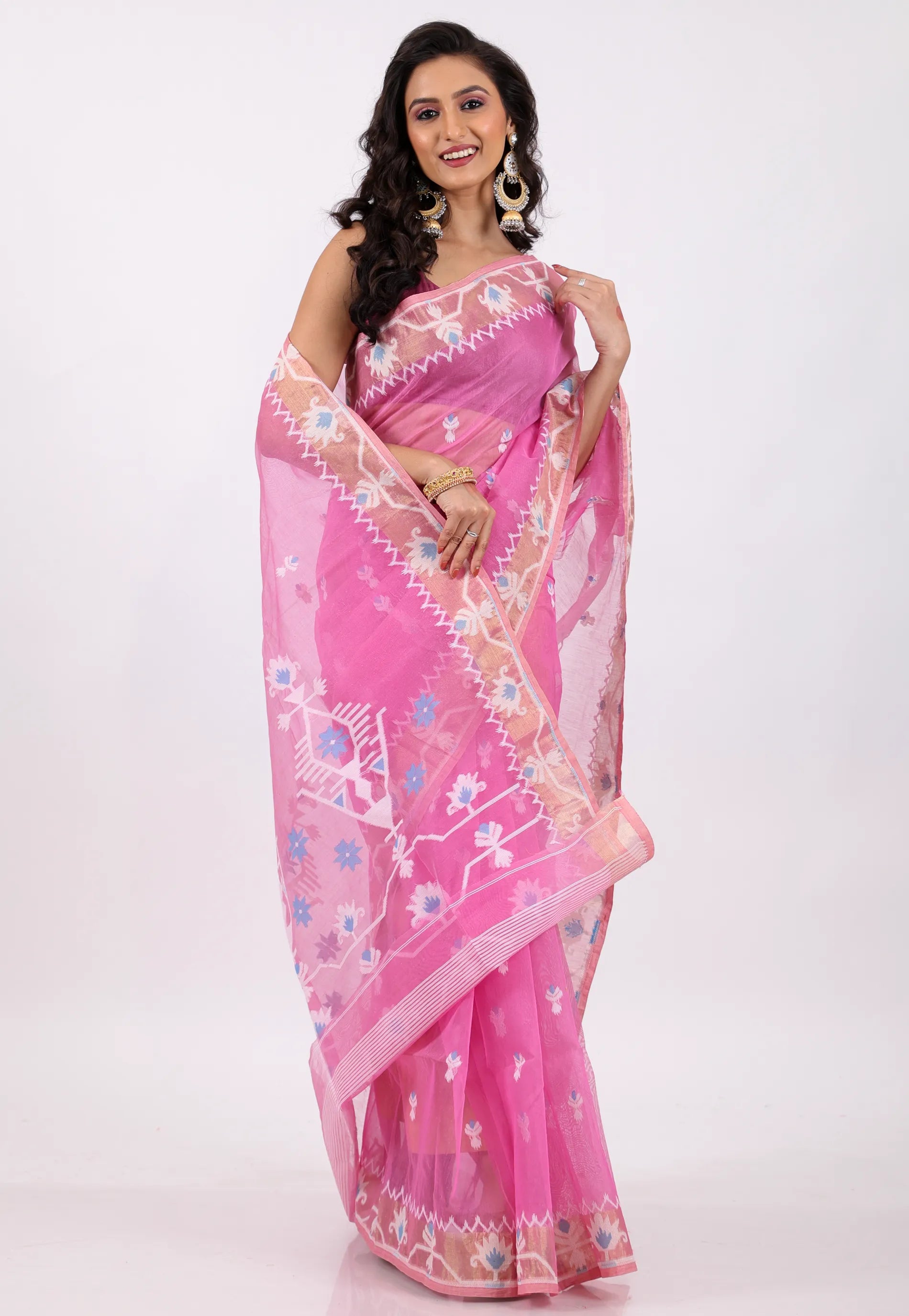 Pink Dhakai Jamdani Cotton Saree without Blouse Piece - Adi Akshoy & Co.