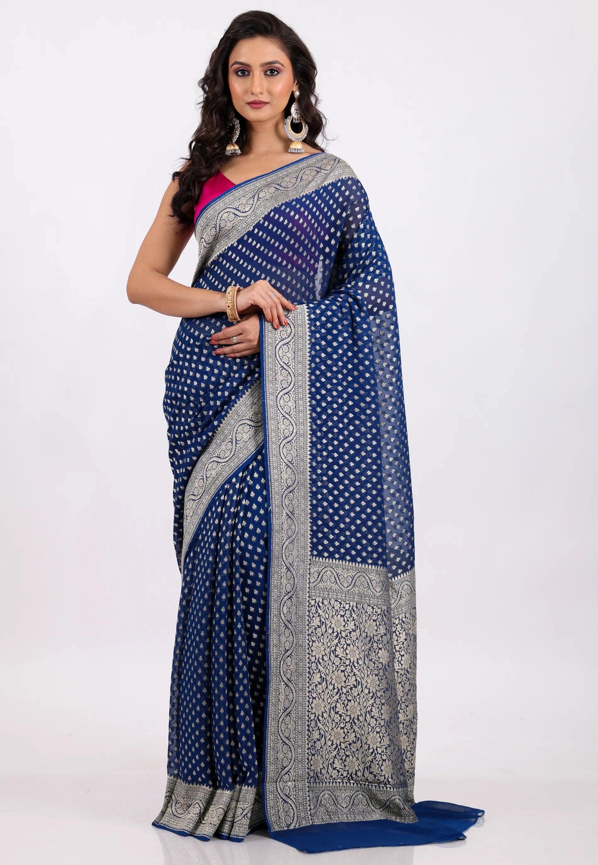 Blue with Zari work Khaddi Georgette Benarasi Saree with Blouse Piece - Adi Akshoy & Co.