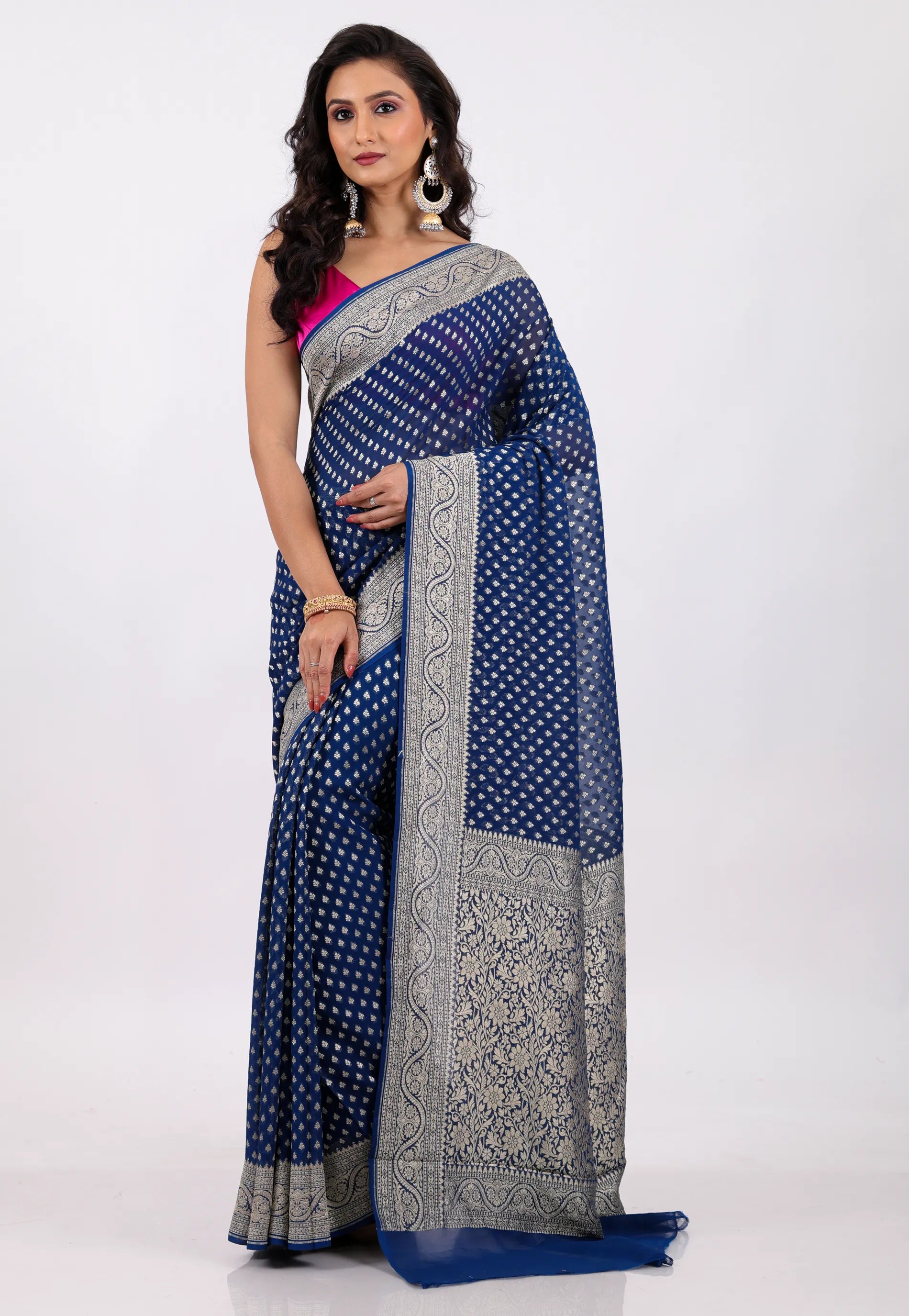 Blue with Zari work Khaddi Georgette Benarasi Saree with Blouse Piece - Adi Akshoy & Co.