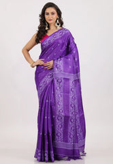 Violet Pure Tussar Dhakai Jamdani Saree with Blouse Piece - Adi Akshoy & Co.