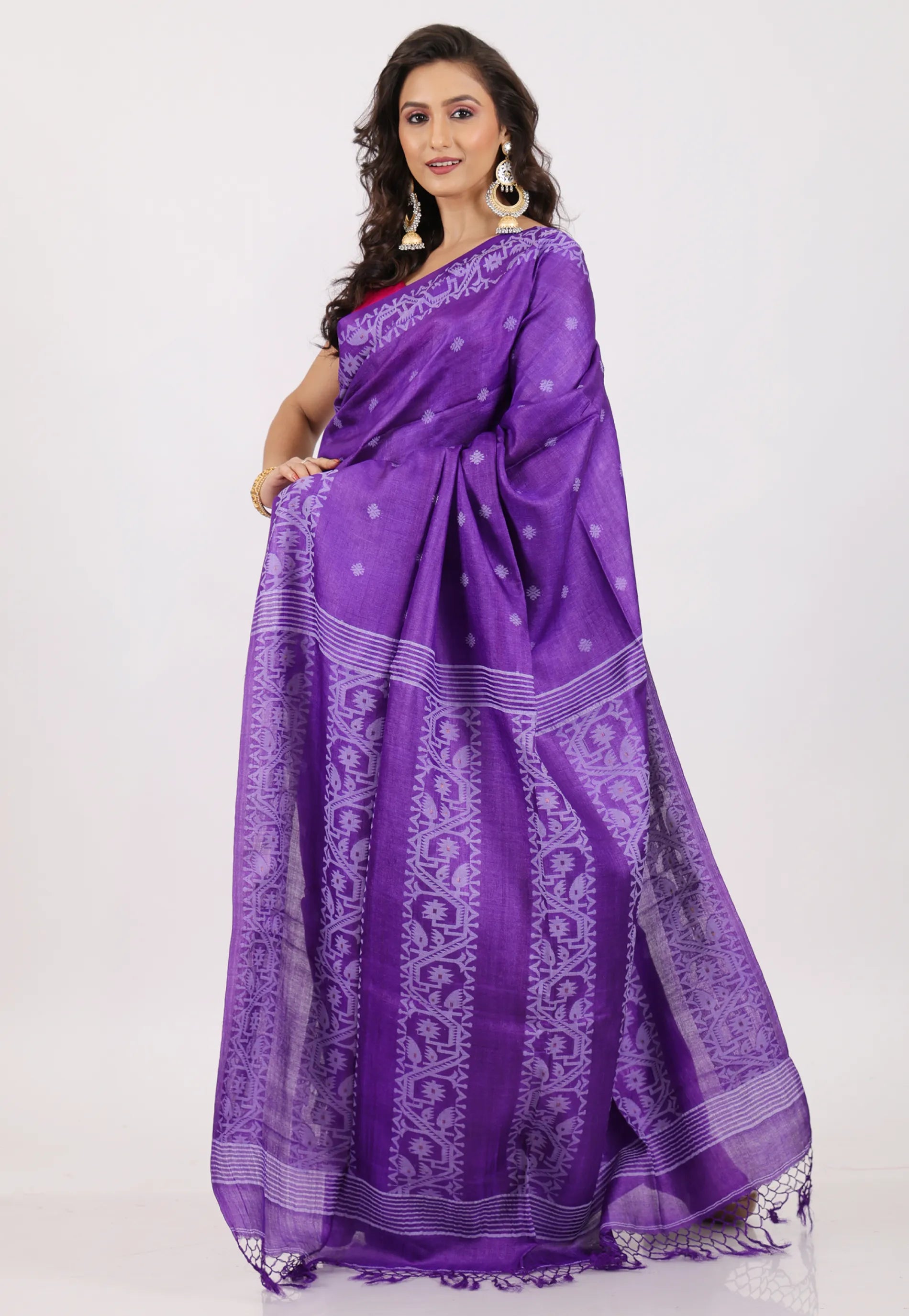 Violet Pure Tussar Dhakai Jamdani Saree with Blouse Piece - Adi Akshoy & Co.
