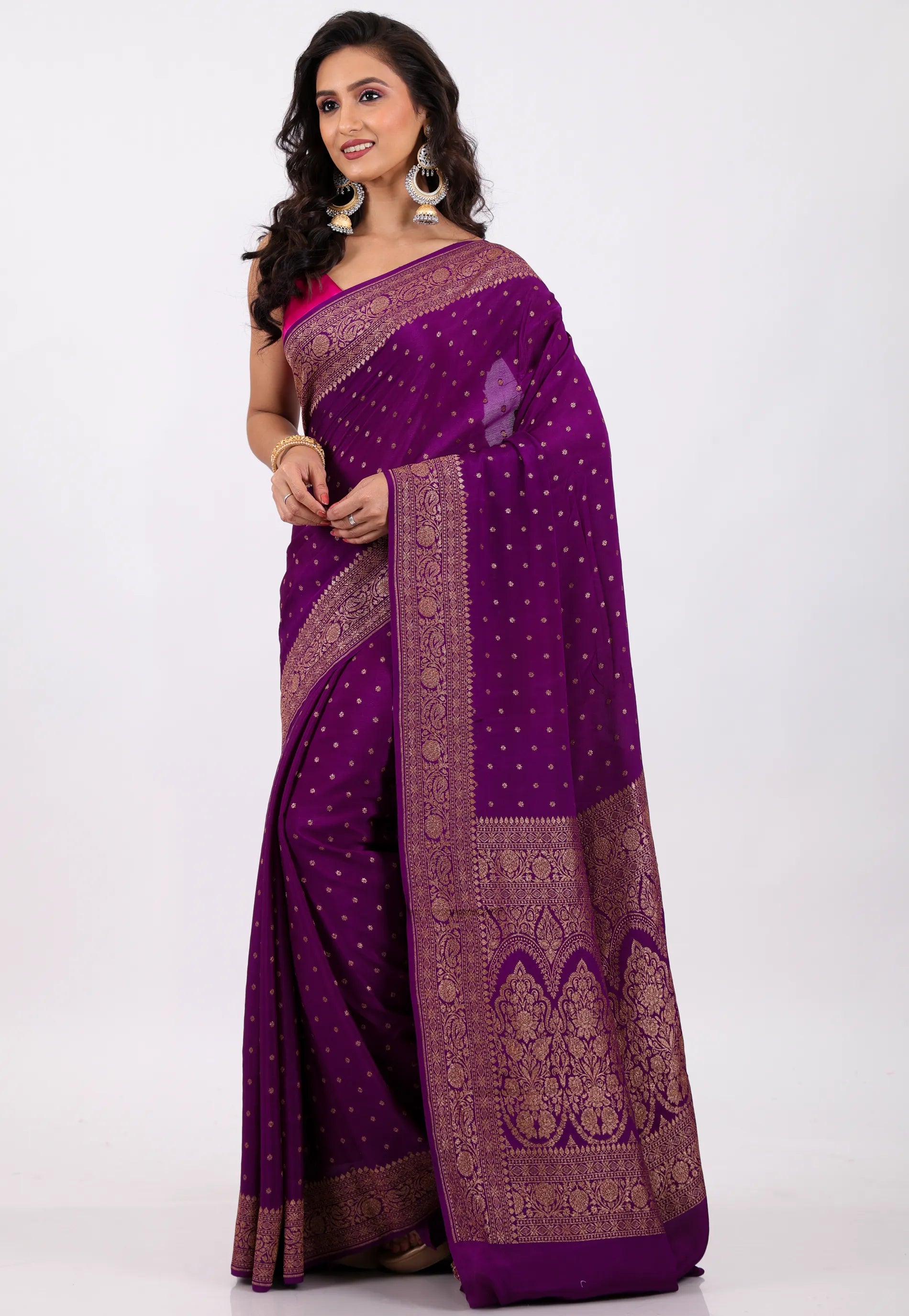 Grape Wine Color with Zari work Khaddi Georgette Benarasi Saree with Blouse Piece - Adi Akshoy & Co.