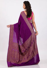 Grape Wine Color with Zari work Khaddi Georgette Benarasi Saree with Blouse Piece - Adi Akshoy & Co.