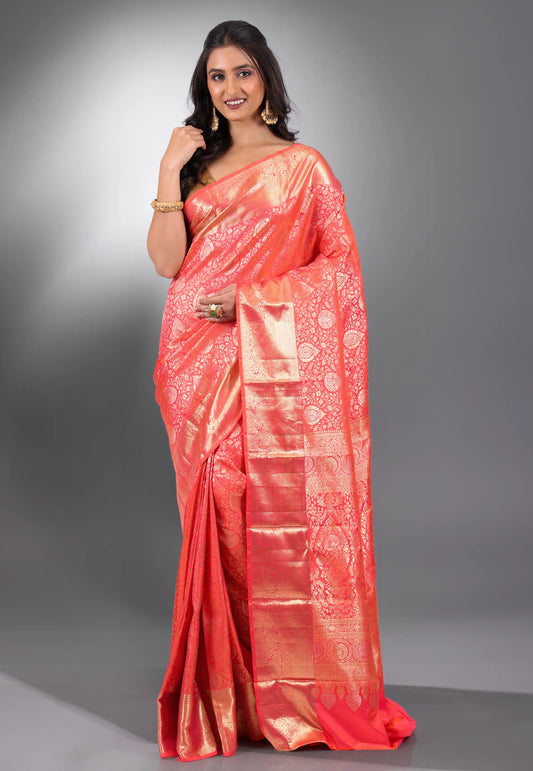 Peach Brocade Pure Kanjivaram Silk Saree With Blouse Piece - Adi Akshoy & Co.