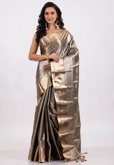Grey Brocade Kanjivaram Silk Saree With Blouse Piece - Adi Akshoy & Co.