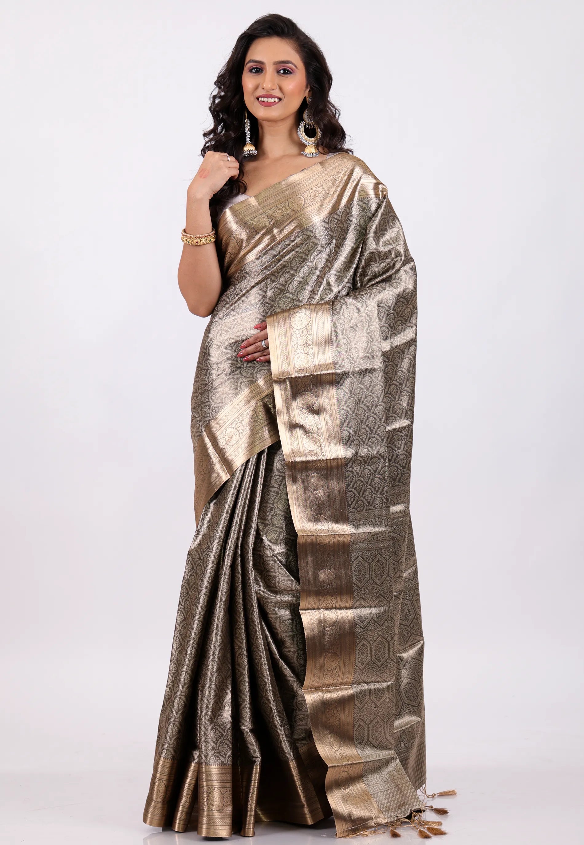 Grey Brocade Kanjivaram Silk Saree With Blouse Piece - Adi Akshoy & Co.