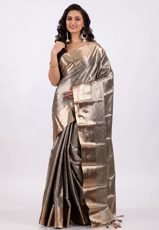 Grey Brocade Kanjivaram Silk Saree With Blouse Piece - Adi Akshoy & Co.