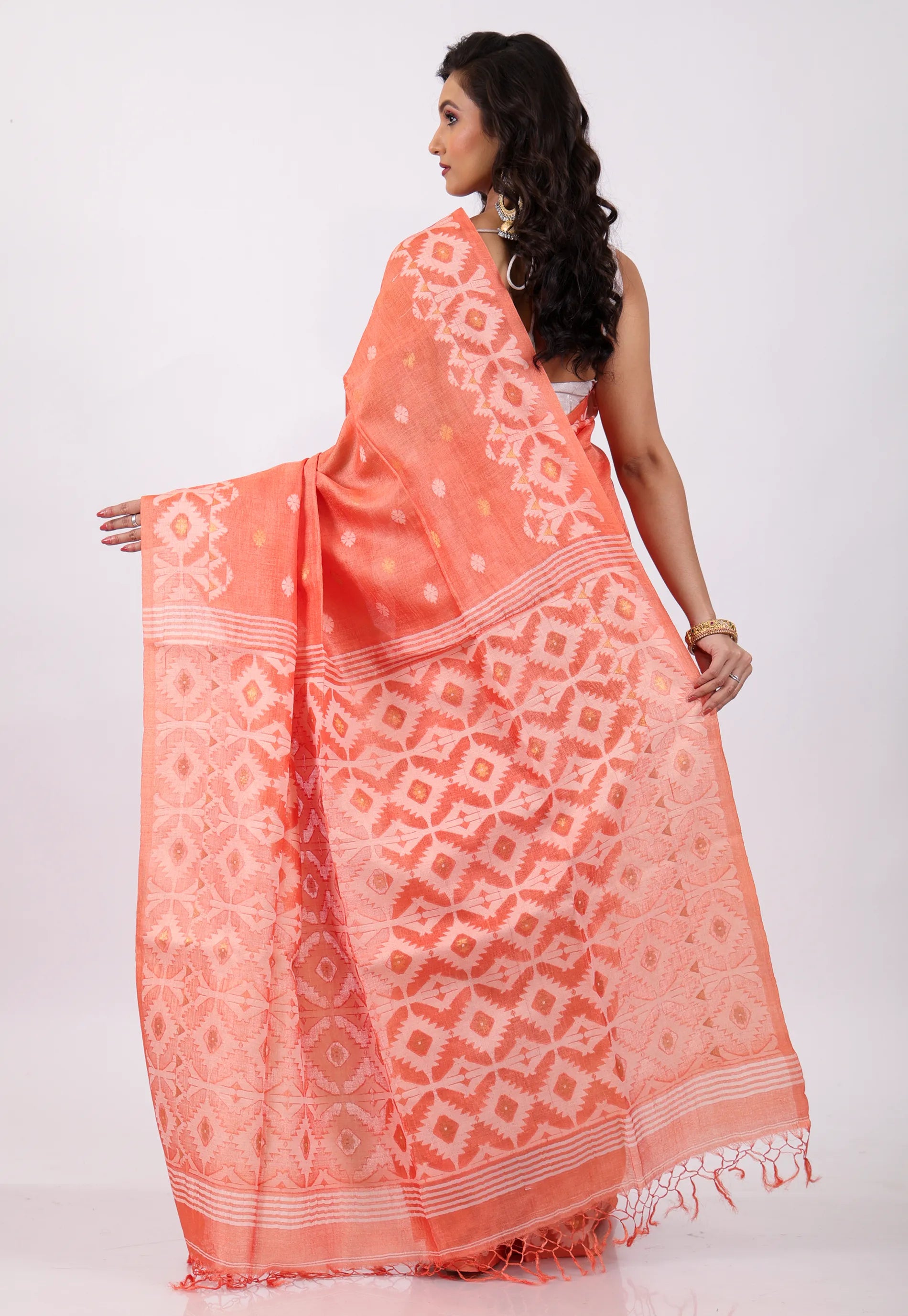 Peach Colour Pure Tussar Dhakai Jamdani Saree with Blouse Piece - Adi Akshoy & Co.