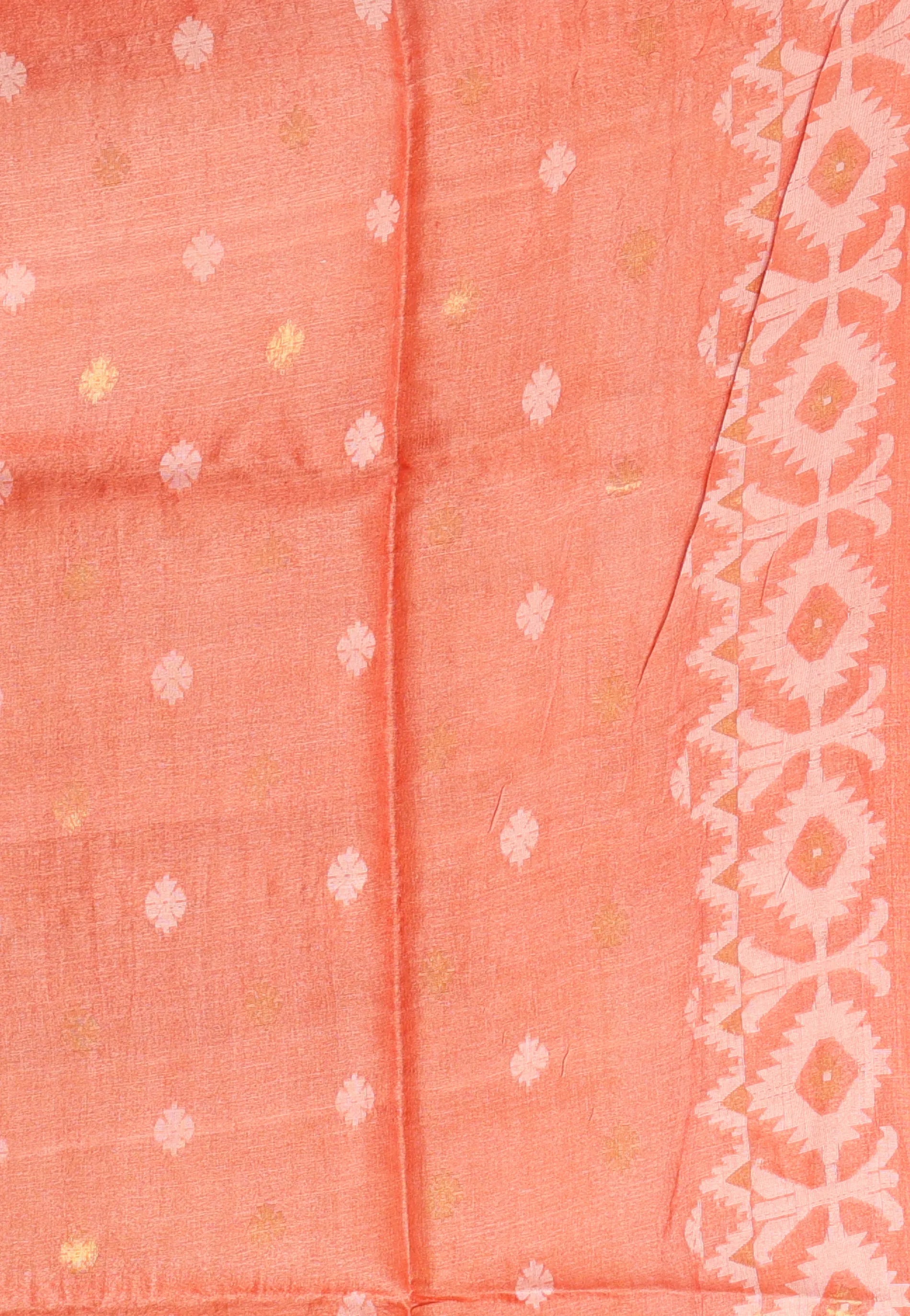Peach Colour Pure Tussar Dhakai Jamdani Saree with Blouse Piece - Adi Akshoy & Co.