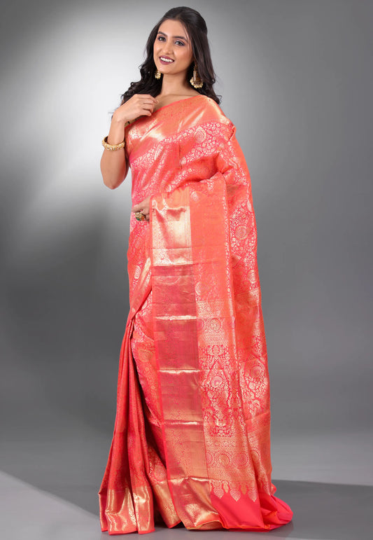 Peach Brocade Pure Kanjivaram Silk Saree With Blouse Piece - Adi Akshoy & Co.