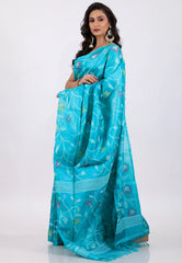 Blue Pure Tussar Dhakai Jamdani Saree with Blouse Piece - Adi Akshoy & Co.