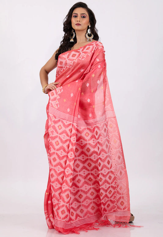 Vibrant Pink Pure Tussar Dhakai Jamdani Saree with Blouse Piece - Adi Akshoy & Co.