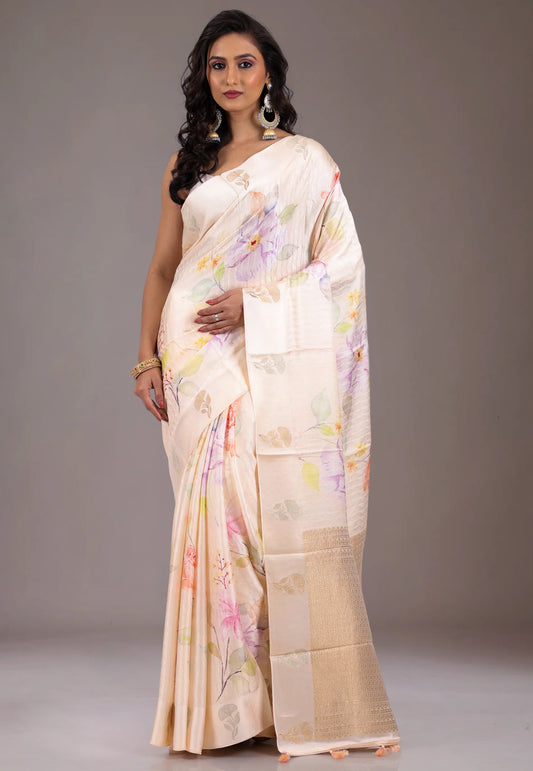 Floral Cream Color Mashru Silk Saree with Blouse Piece - Adi Akshoy & Co.
