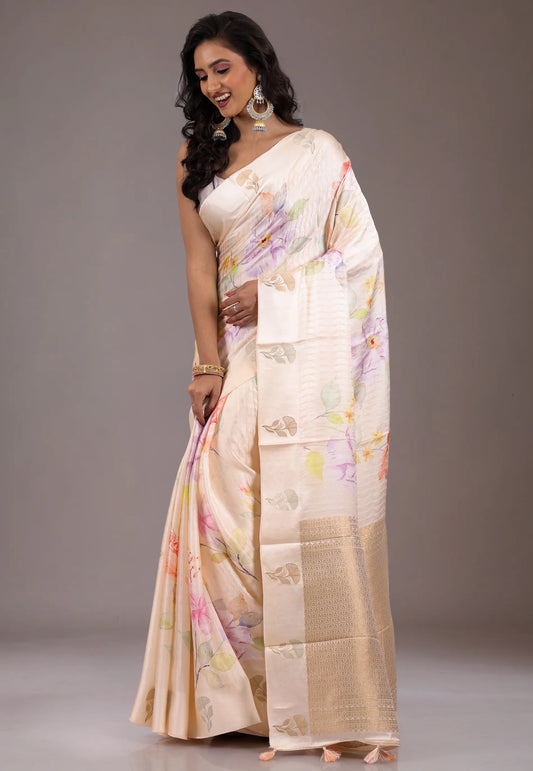 Floral Cream Color Mashru Silk Saree with Blouse Piece - Adi Akshoy & Co.