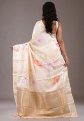 Floral Cream Color Mashru Silk Saree with Blouse Piece - Adi Akshoy & Co.