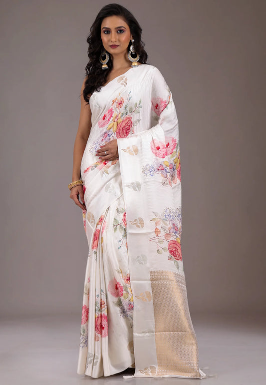White Floral Digital Print Mashru Silk Saree with Blouse Piece - Adi Akshoy & Co.