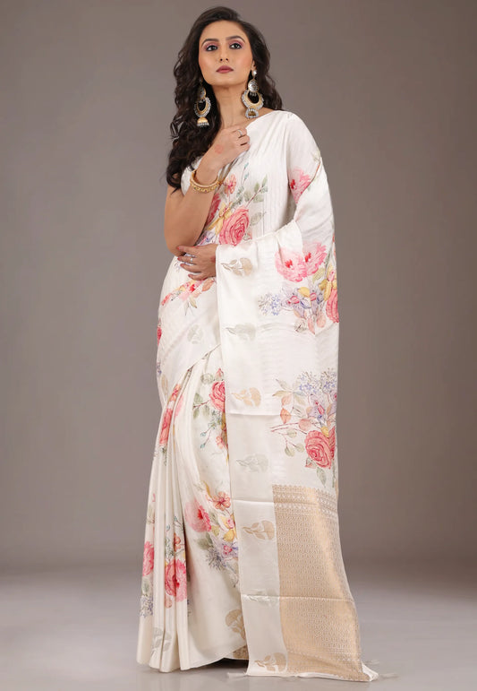 White Floral Digital Print Mashru Silk Saree with Blouse Piece - Adi Akshoy & Co.